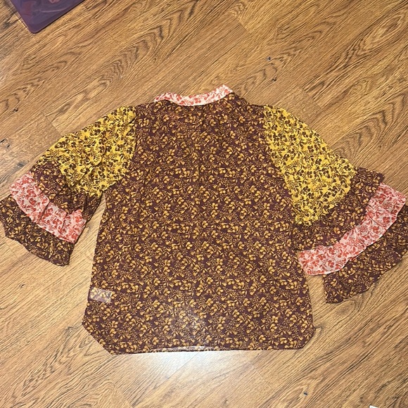 Alice + Olivia Multicolor Patterned Blouse sheer XL ruffle sleeve boho v neck - Picture 7 of 8